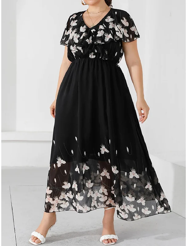 Sustainable Fashion Clothing For Women Women's Plus Size Prom Dress Party Dress Wedding Guest Dress Long Dress Maxi Dress Black Short Sleeve Floral Print Summer Spring Fall V Neck Elegant Wedding Guest Birthday Evening Party