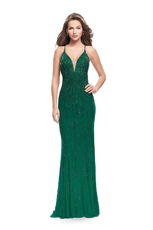 Women's High-Fashion Attire La Femme Gigi Beaded Plunging V-Neck Jersey Sheath Evening Gown 26300