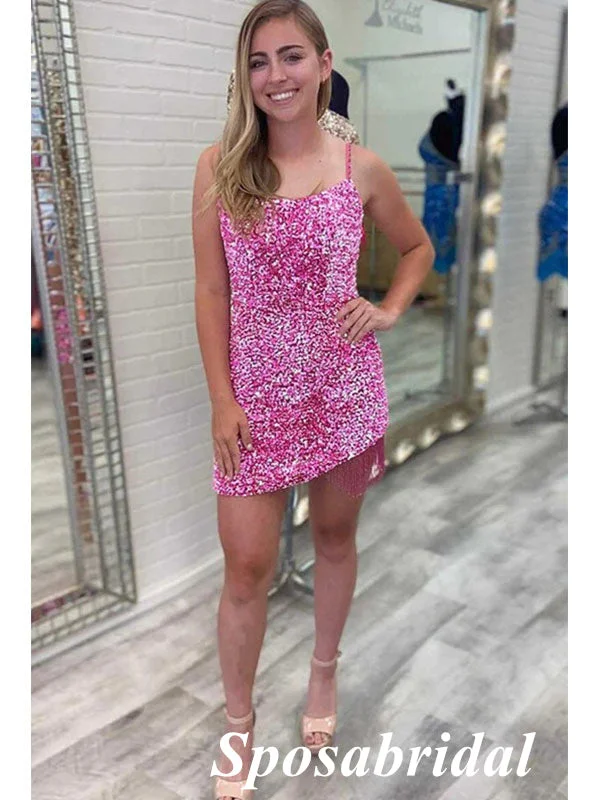 Classic Clothes For Women Sarkly Pink Sequin Spaghetti Straps Square Sheath Mini Dresses/ Homecoming Dresses, PD3541