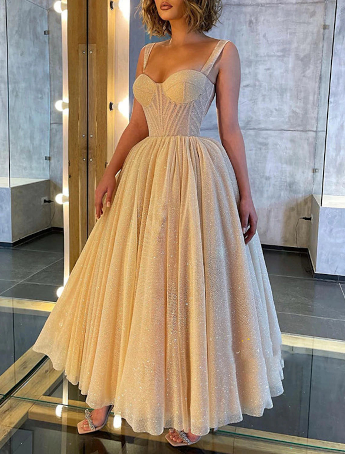 Women's Trendy Clothing Ball Gown Prom Dresses Corsets Dress Wedding Party Dress Birthday Ankle Length Sleeveless Spaghetti Strap Tulle with Glitter Sequin