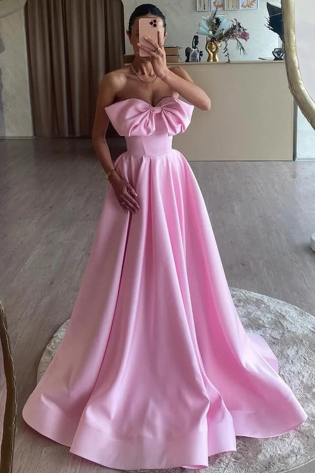 Women's Vintage-Inspired Outfit DingJiDress Evening Dress A-Line Strapless Bow Satin Pleated Long Prom Dress Sweep Train High Quality Formal Wear Dresses Wedding Guest Dresses