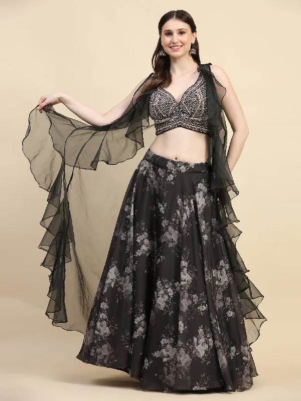 Elegant Women's Evening Garments Floral Printed Black Organza Lehenga Partywear Lehenga - Rent