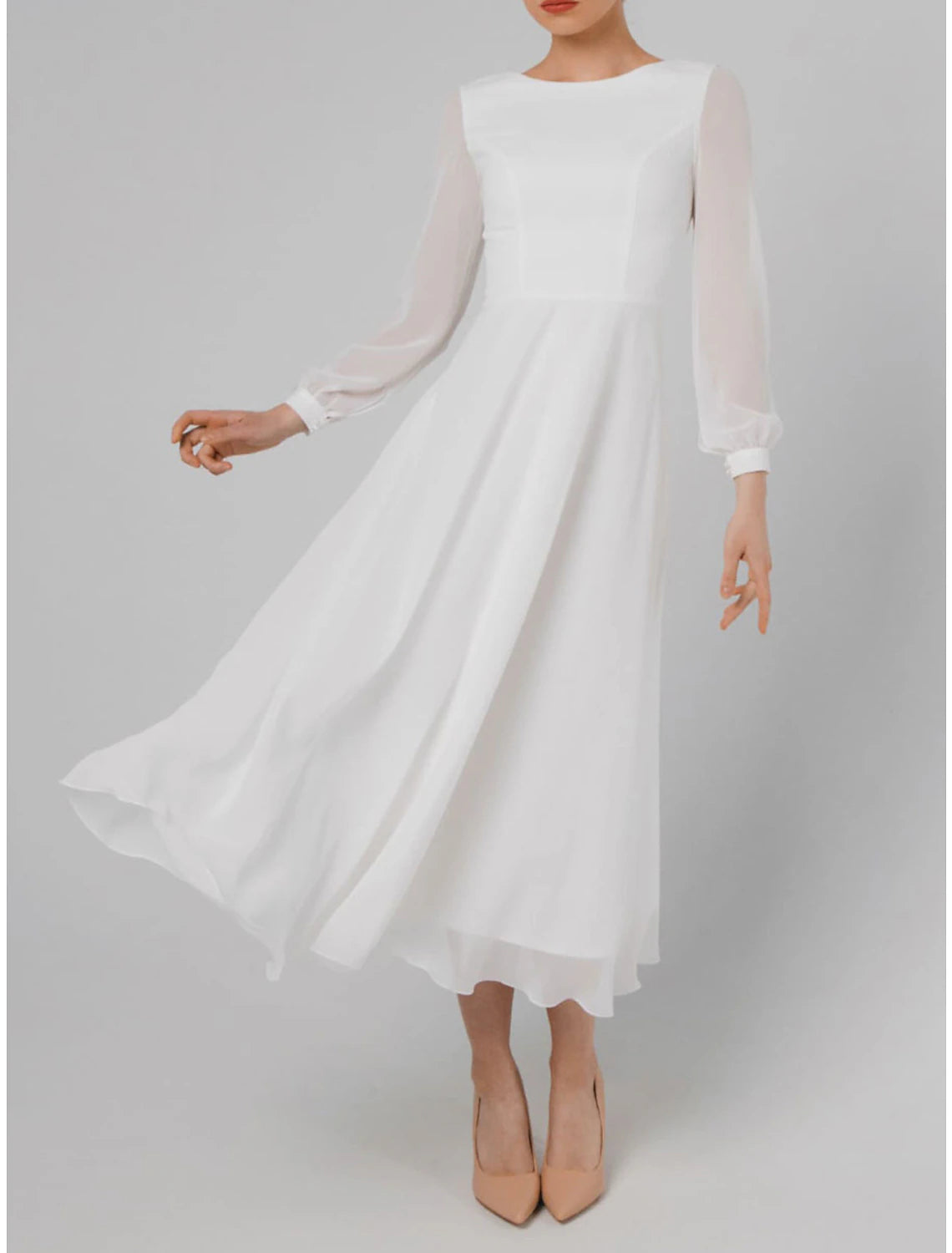 Women's Casual Clothing For Lounging A-Line Cocktail Dresses Little White Dresses Dress Wedding Reception Tea Length Long Sleeve Jewel Neck Fall Wedding Guest Cotton V Back with Ruffles