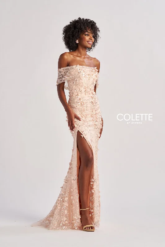 Women's Fashion Clothes Colette by Daphne CL8530 Long Formal Beaded Floral Applique Prom Dress