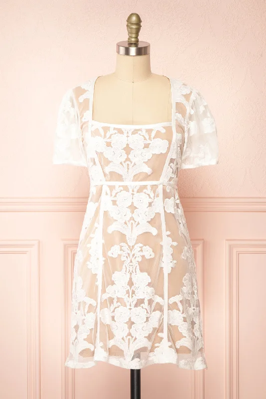 Comfortable Garments For Women Hansa | Short White Mesh Dress w/ Floral Embroidery