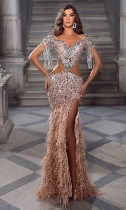 Classic Women's Clothing Styles Portia and Scarlett PS23743C - Fringe Detailed Long Mesmerizing Gown