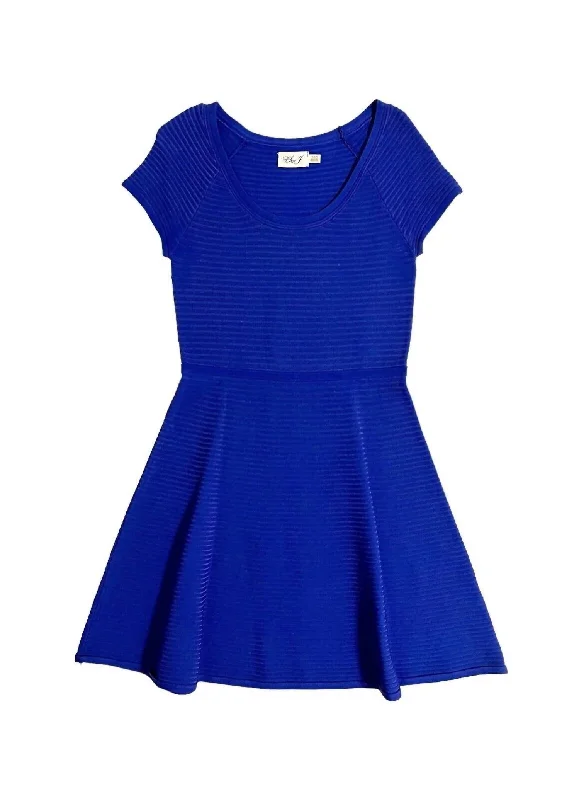 Women's Cozy Clothes Women's Knit Fit & Flare Striped Knit Cap Sleeve Mini Dress In Blue