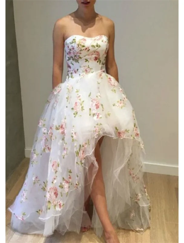 Women's Formal Event Outfit Ball Gown Prom Dresses Floral Dress Quinceanera Wedding Party Asymmetrical Sleeveless Strapless Tulle with Ruffles Appliques