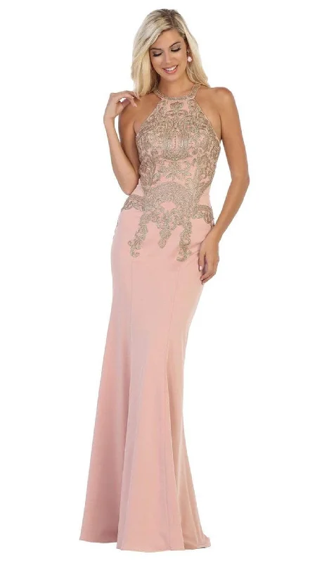 Women's Trendy Apparel May Queen - MQ1641 Gilt-Embroidered Lace Halter Gown