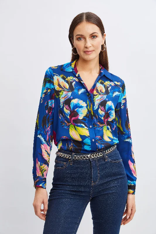 Women's Holiday Attire Silk Floral Garden Print Shirt