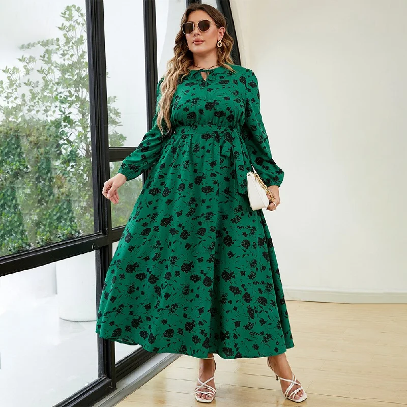 Women's Trendy Clothes BerriesJam - 2024 Plus Size Floral Tie Neck Belted Long Sleeve A-Line Dress