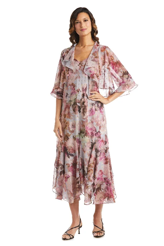 Stylish Women's Attire R&M Richards 7925 Long Two Piece Floral Jacket Dress