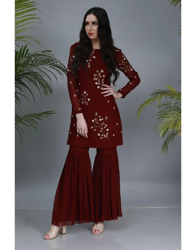 Affordable Women's Apparel Label Nayna Kapoor's Rent Ox Red Floral Sharara