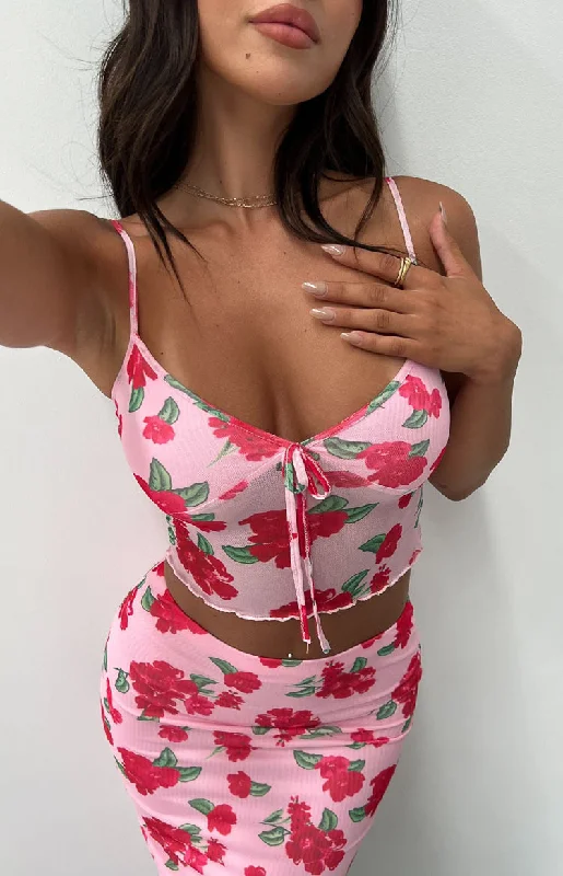 Women's Vacation Garments Emz Pink Floral Mesh Cami