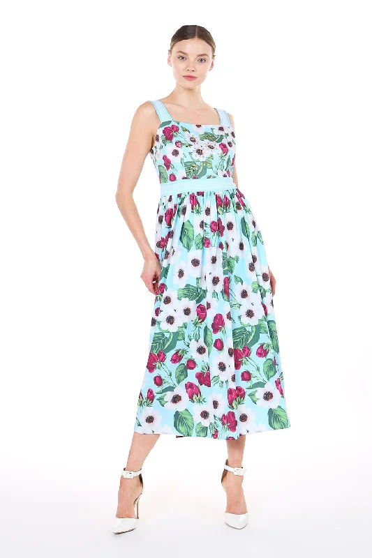 Women's Holiday Attire Floral Sleeveless Strap Midi Dress