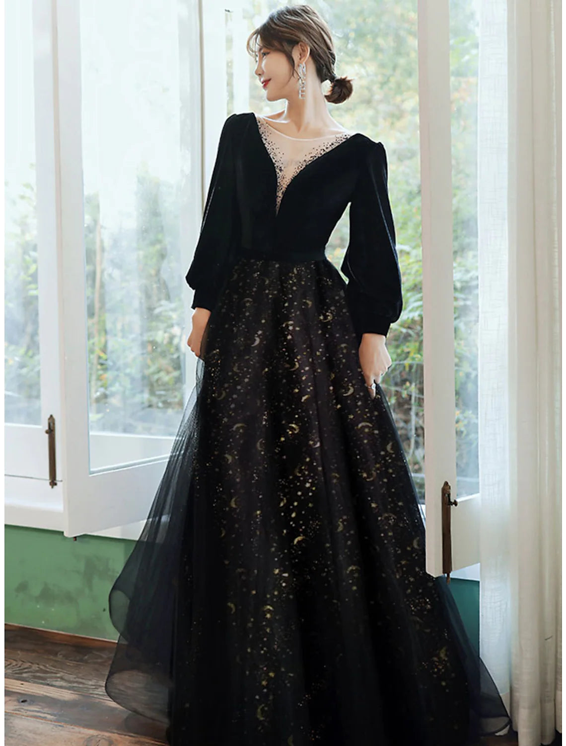 Women's Activewear Garments A-Line Evening Gown Dress Wedding Floor Length Long Sleeve V Neck Satin with Crystals Sequin