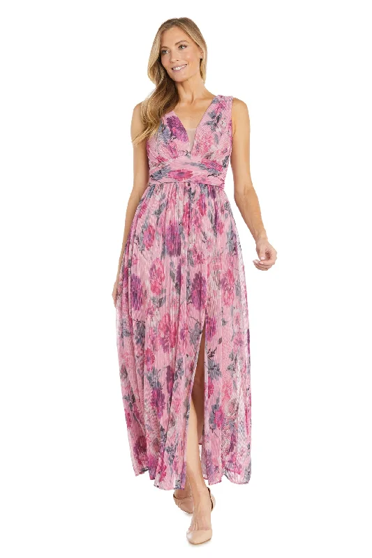 Women's Seasonal Garments R&M Richards 6165 Floral Pleated Long Slit Formal Dress