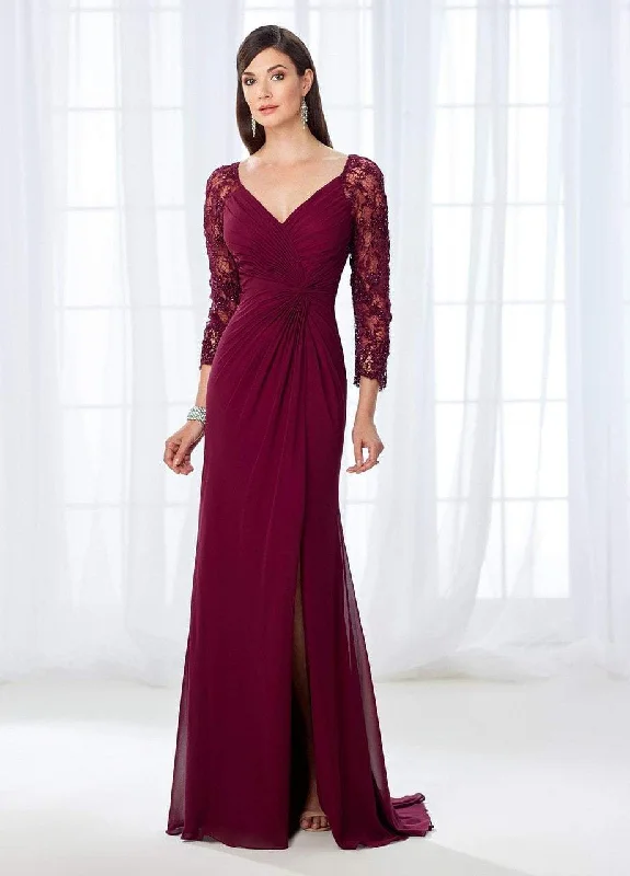 Women's Resort Attire Mon Cheri Quarter Sleeve Front Twist Chiffon Evening Gown 118672 - 2 Pcs Burgundy in Sizes 10 and 20 Available