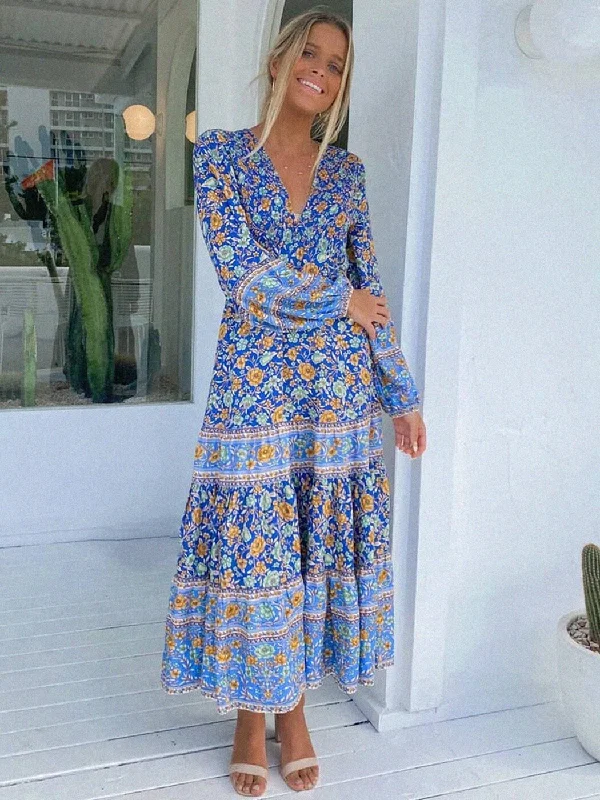 Women's Elegant Apparel BerriesJam - Blue Floral Hippie Beach Boho Maxi Dress