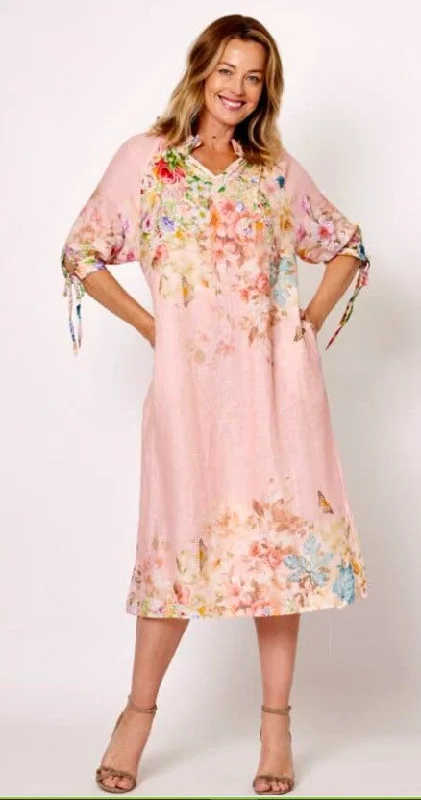 Women's Travel Garments Pink floral linen dress