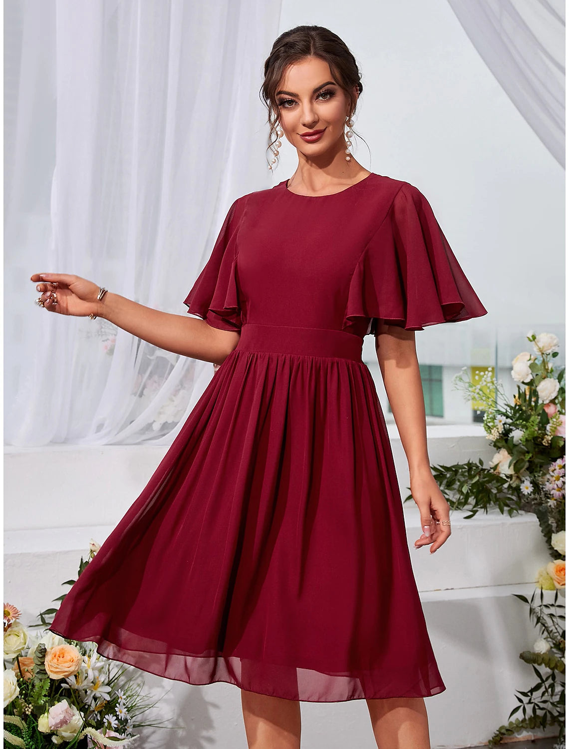 Women's Clothing For Work A-Line Wedding Guest Dresses Elegant Dress Holiday Graduation Knee Length Short Sleeve Jewel Neck Chiffon with Pleats Ruffles