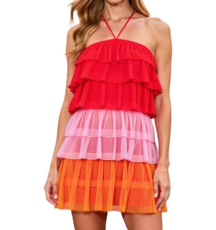 Women's Elegant Evening Attire Tiered Ruffle Mini Dress In Multi-Colored