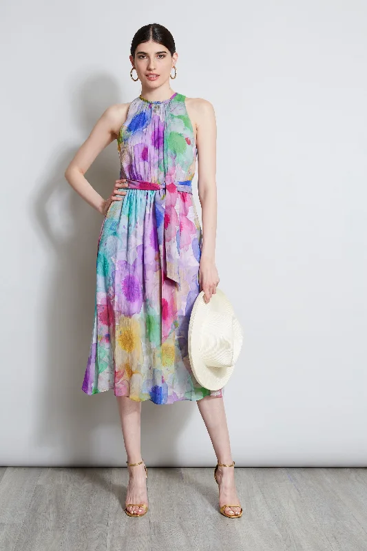 Women's Travel Attire Pigment Floral Silk Chiffon Halter Dress