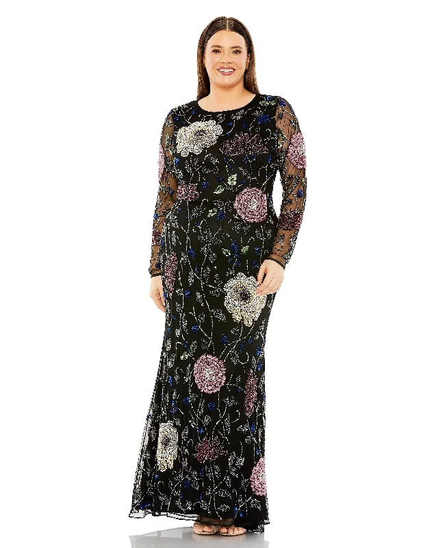 Comfortable Outfit For Women Mac Duggal 94011 Long Sleeve Floral Plus Size Formal Dress