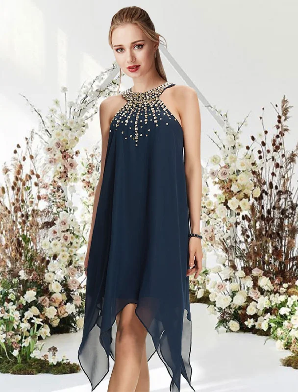 Classic Women's Clothing Styles A-Line Cocktail Dresses Flirty Dress Wedding Guest Cocktail Party Asymmetrical Sleeveless Halter Neck Chiffon with Crystals Beading