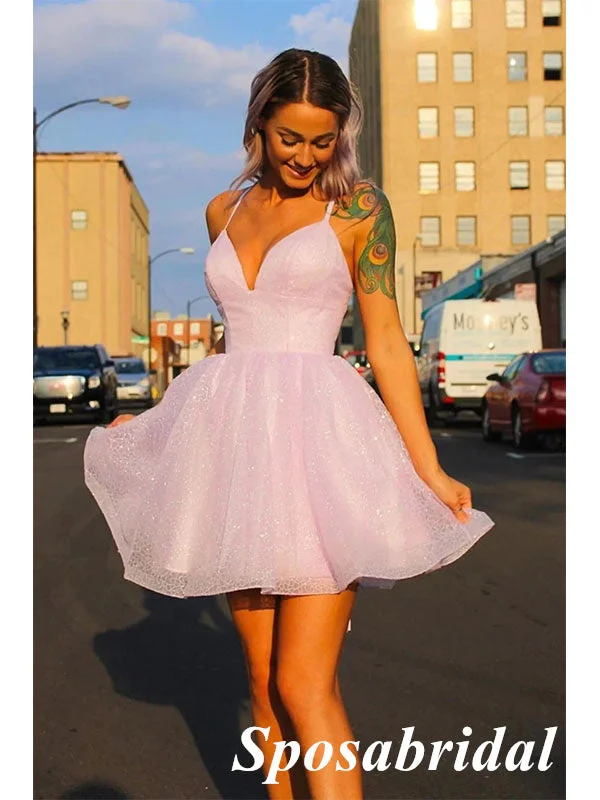 Chic Clothing For Women Sweety Pink Sequin Tulle Spaghetti Straps V-Neck A-line Mini Dresses/ Homecoming Dresses With Pleats, PD3550