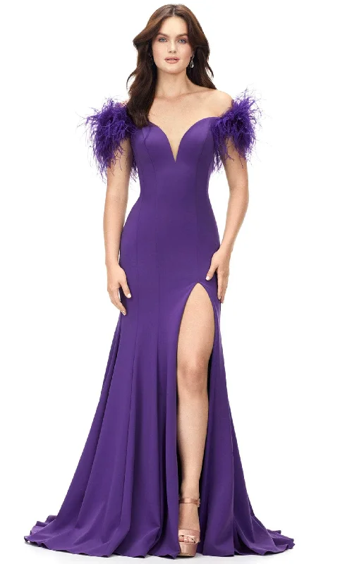 Women's Clothing And Garments Sets Ashley Lauren 11101 - Feathered Sleeve Mermaid Evening Gown