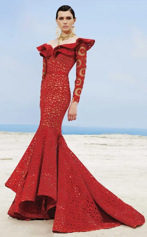 Women's Occasion Wear Apparel MNM Couture - 2345 Ruffle Off-Shoulder Laser Cut Mermaid Gown