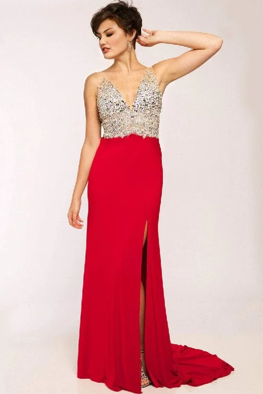 Women's Trendy Garments Jovani Crystal-Crusted V-Neck Long Sheath Gown