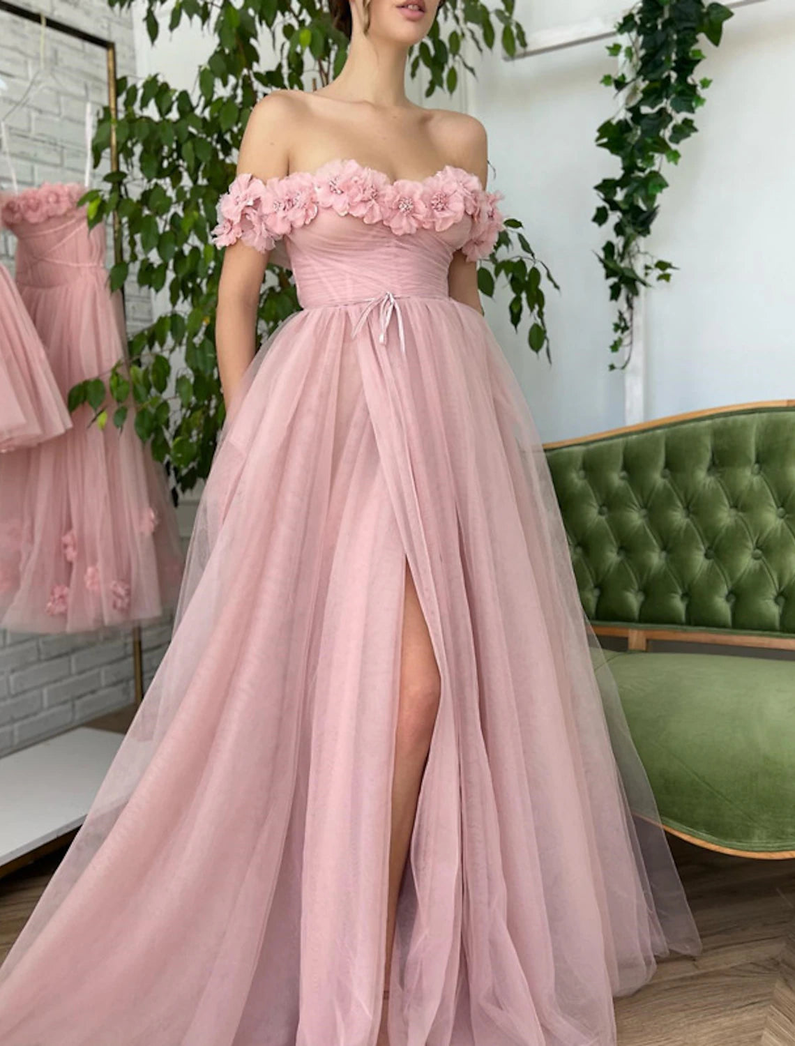 Women's Fashionable Clothing Sets A-Line Prom Dresses Corsets Dress Wedding Guest Birthday Sweep / Brush Train Short Sleeve Off Shoulder Tulle with Slit Appliques