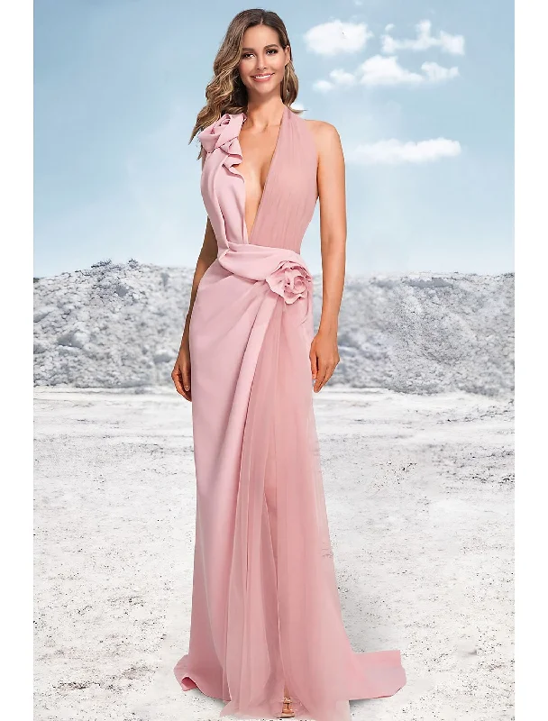 Trendy Athleisure Clothing For Women Mermaid / Trumpet Evening Gown Elegant Dress Formal Wedding Guest Sweep / Brush Train Sleeveless Halter Neck Satin with Ruched