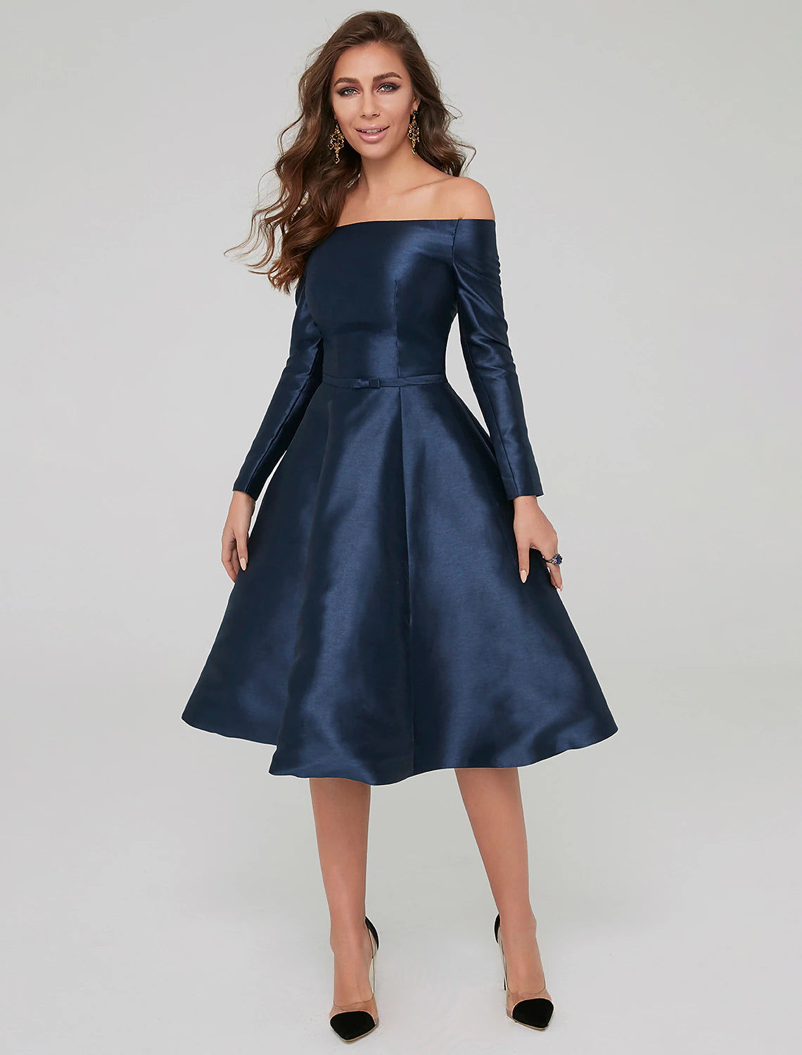 Women's Trendy Apparel A-Line Special Occasion Dresses Party Dress Wedding Guest Knee Length Long Sleeve Off Shoulder Satin with Pleats