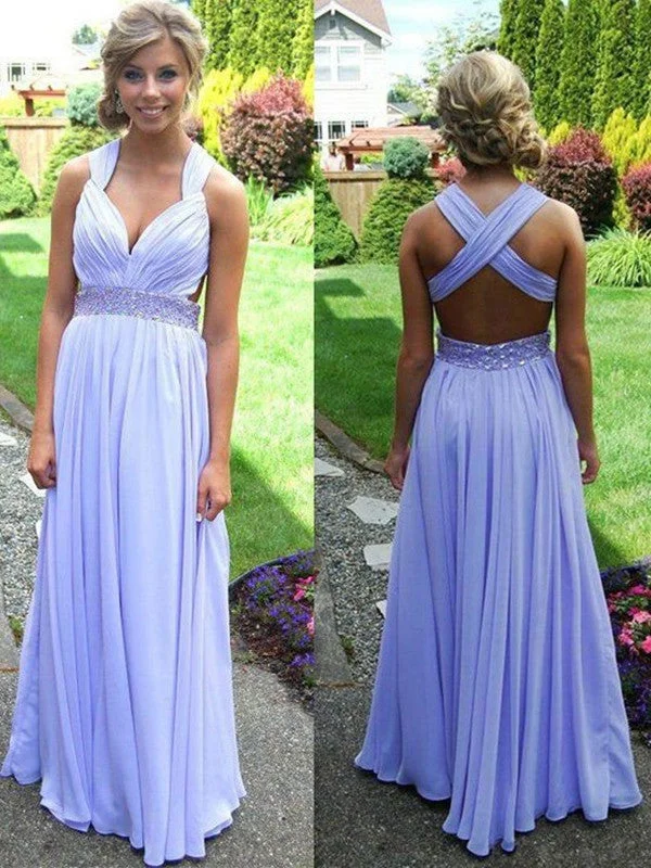 Women's Everyday Garments Light Purple A-line Straps Cross-back Beaded Long Prom Dress, Graduation Dress, Wedding Party Dress