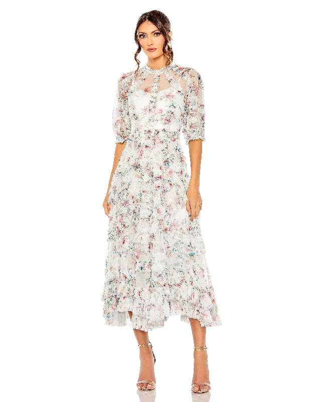 Women's Casual Outfit Mac Duggal 80111 Floral Print Cocktail Midi Dress