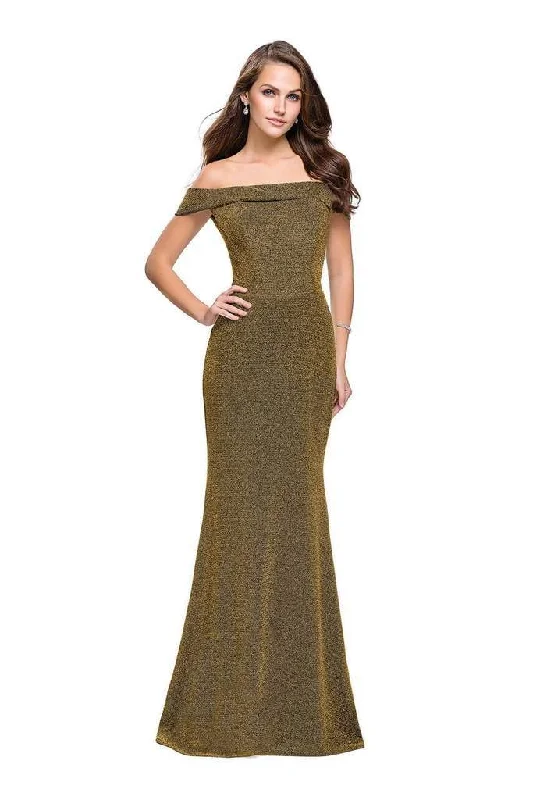 Women's Trendy Attire La Femme Off Shoulder Folded Sparkle Jersey Gown 25444