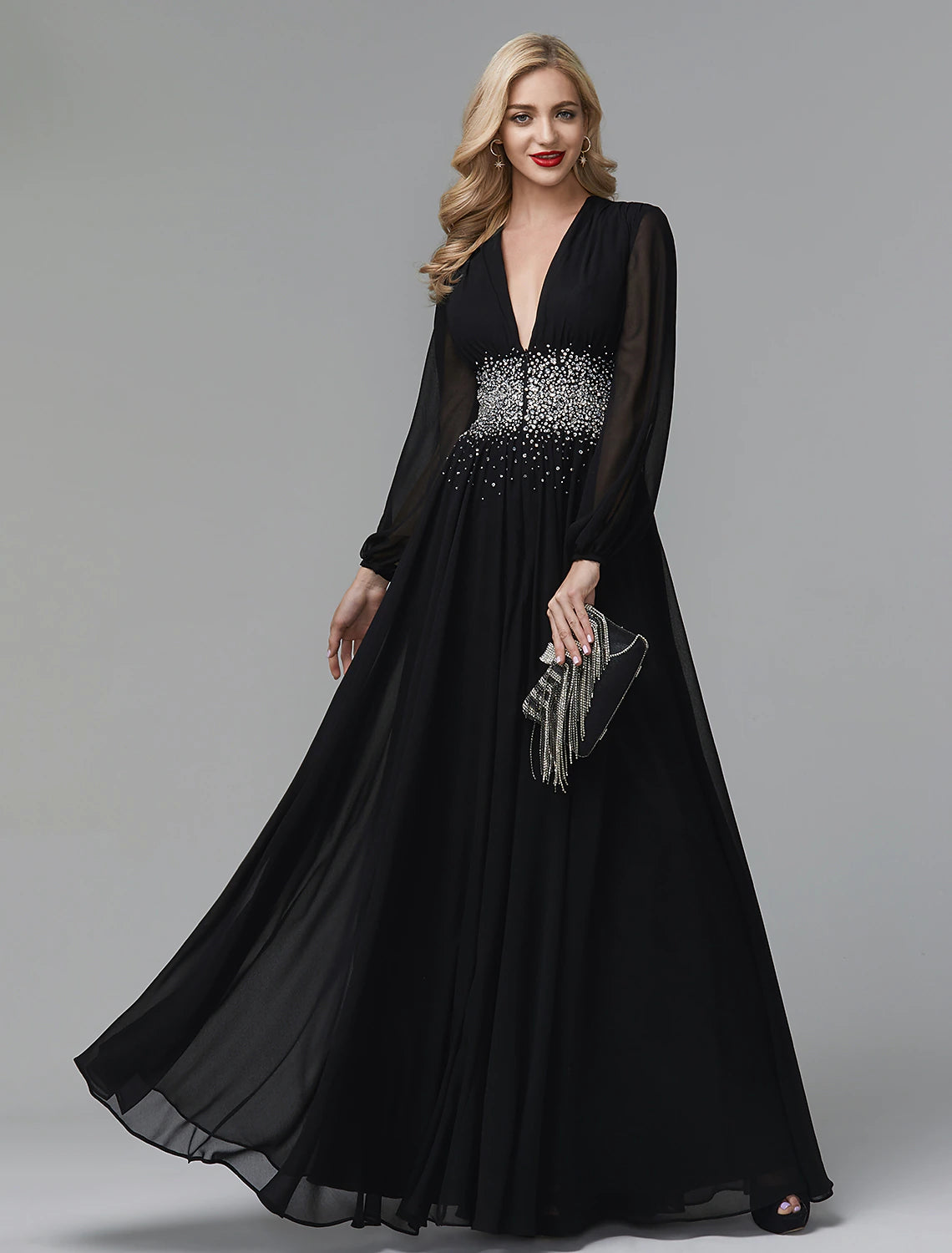 Chic Women's Outfit A-Line Evening Dress Celebrity Red Carpet Formal Gown Black Tie Wedding Guest Floor Length Long Sleeve V Neck Chiffon with Sequin