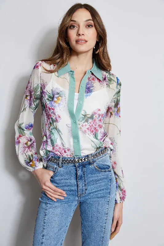 Women's Elegant Evening Attire Silk Wind Floral Button Down Shirt