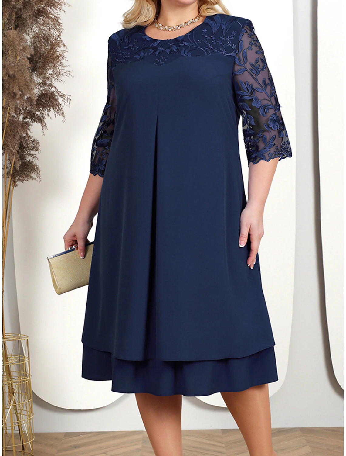 Timeless Women's Clothing Women's Plus Size Curve Party Dress Lace Dress Cocktail Dress Midi Dress Pink Dark Blue Light Blue 3/4 Length Sleeve Floral Lace Spring Fall Winter Crew Neck Fashion Birthday Wedding Guest