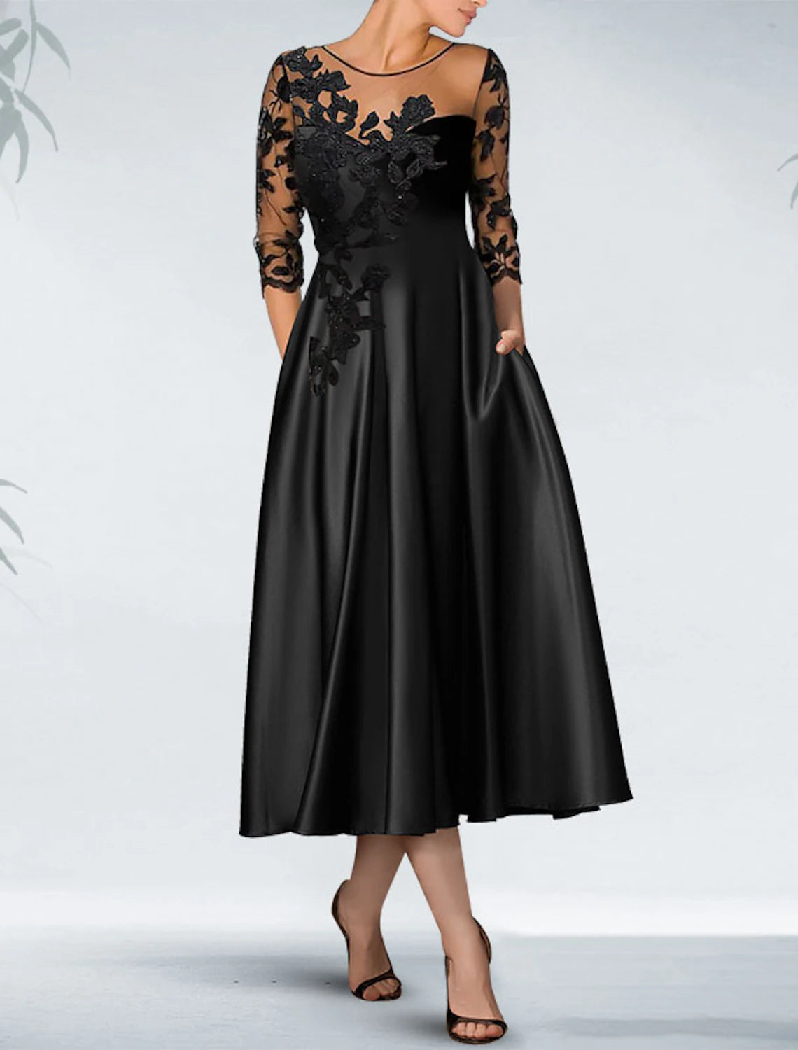 Women's Transitional Outfit A-Line Cocktail Dresses Elegant Dress Formal Wedding Guest Knee Length 3/4 Length Sleeve Off Shoulder Pocket Satin with Beading Appliques Pocket