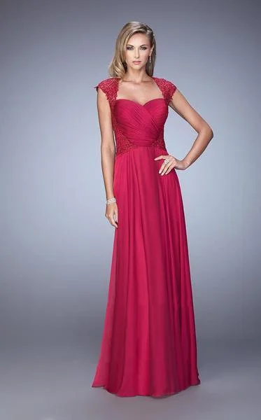 Women's Professional Attire La Femme - Lace Ornate Ruched Gown 21661SC - 1 pc Cranberry In Size 20 Available