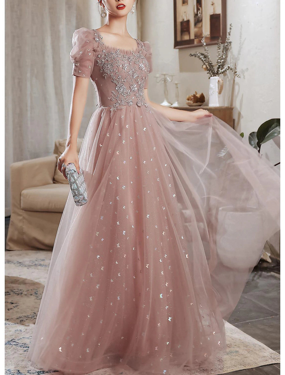 Comfortable Women's Clothing A-Line Prom Dresses Elegant Dress Wedding Guest Prom Floor Length Short Sleeve Sweetheart Satin V Back with Beading Appliques