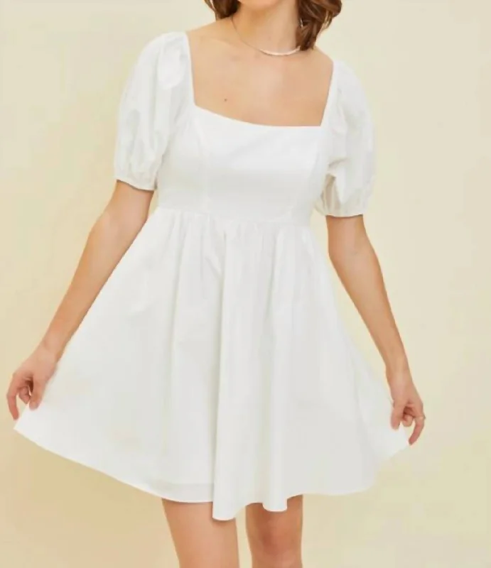 Women's Everyday Apparel Puff Sleeve Babydoll Mini Dress In White