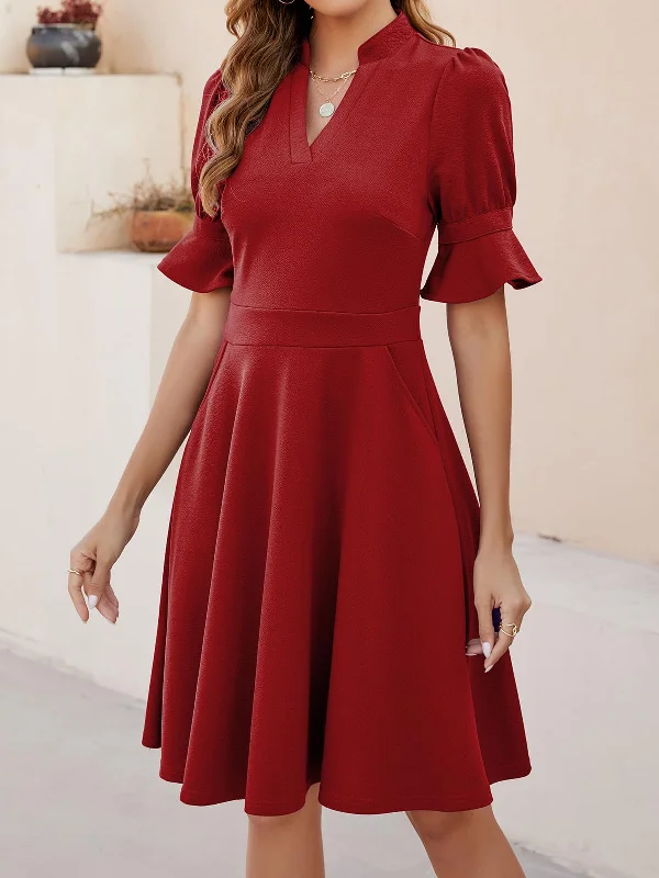 Women's Transitional Clothes DingJiDress Wedding Guest Dress V Neck Ruffle Short Sleeve Fit and Flare Knee Length Church Wedding Guest Dresses with Pockets Formal Wear Dresses Evening Dress