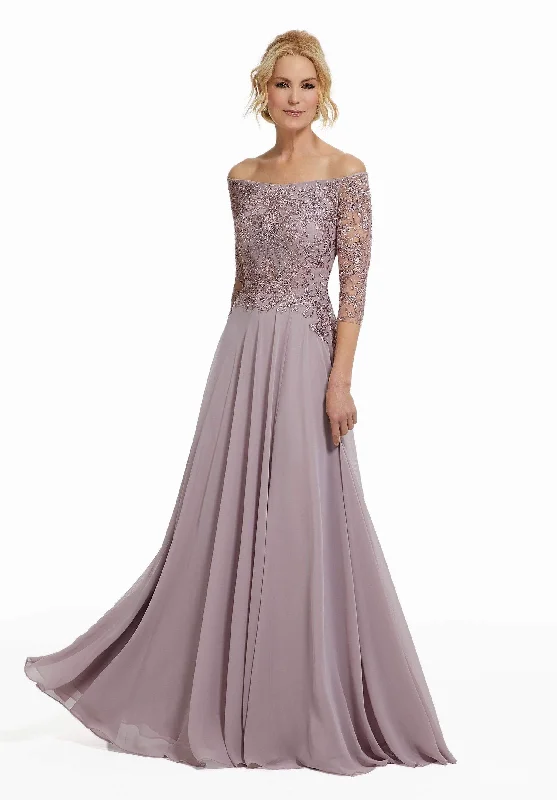 Women's Vintage Attire MGNY By Mori Lee - Beaded Embroidered Off-Shoulder Evening Gown with Slit 72017SC - 1 pc Lilac In Size 4 Available