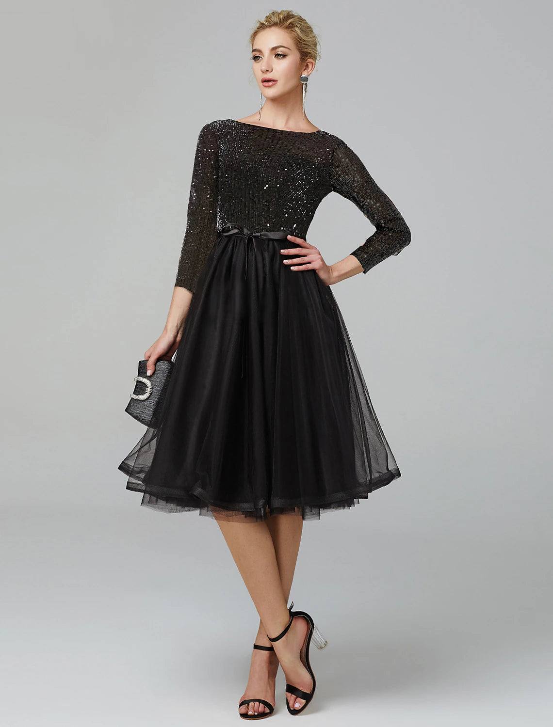 Women's Outfit A-Line Cocktail Dresses Sparkle & Shine Dress Formal Wedding Guest Tea Length 3/4 Length Sleeve Jewel Neck Fall Wedding Guest Tulle with Sequin Strappy