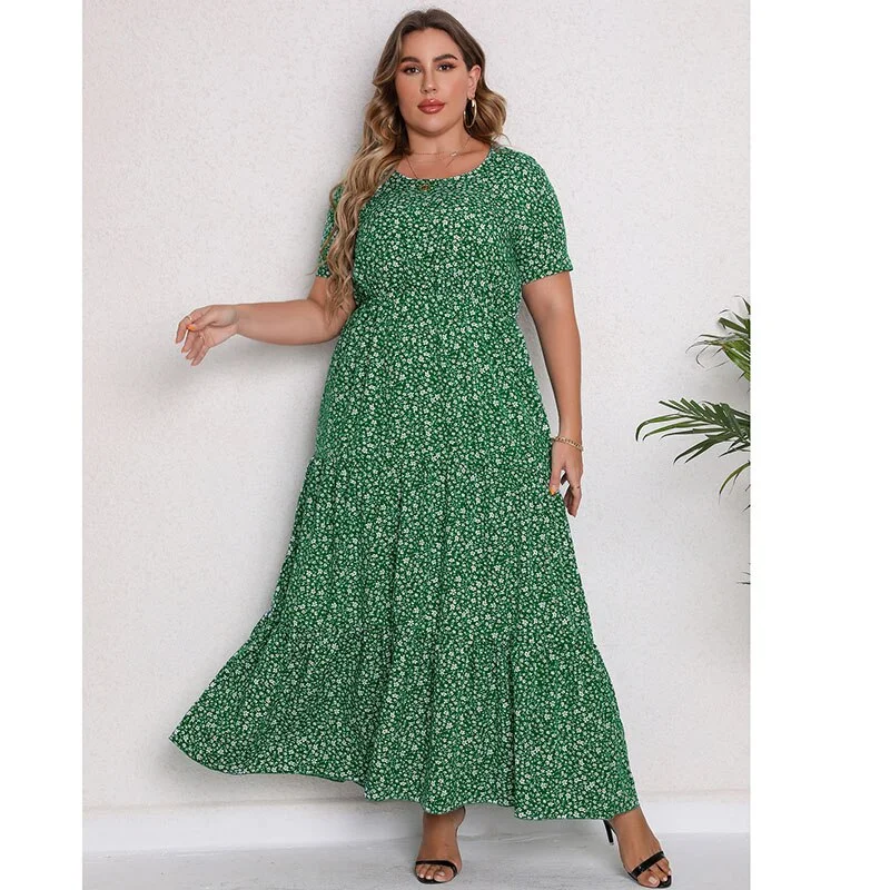 Women's Plus-Size Clothes BerriesJam - Casual O Neck Short Sleeve Floral Maxi Big Size Dress